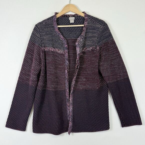 Chico's Womens 3 XL Purple Ombre Fringe Boucle Knit Open Front Cardigan Jacket - Picture 2 of 8